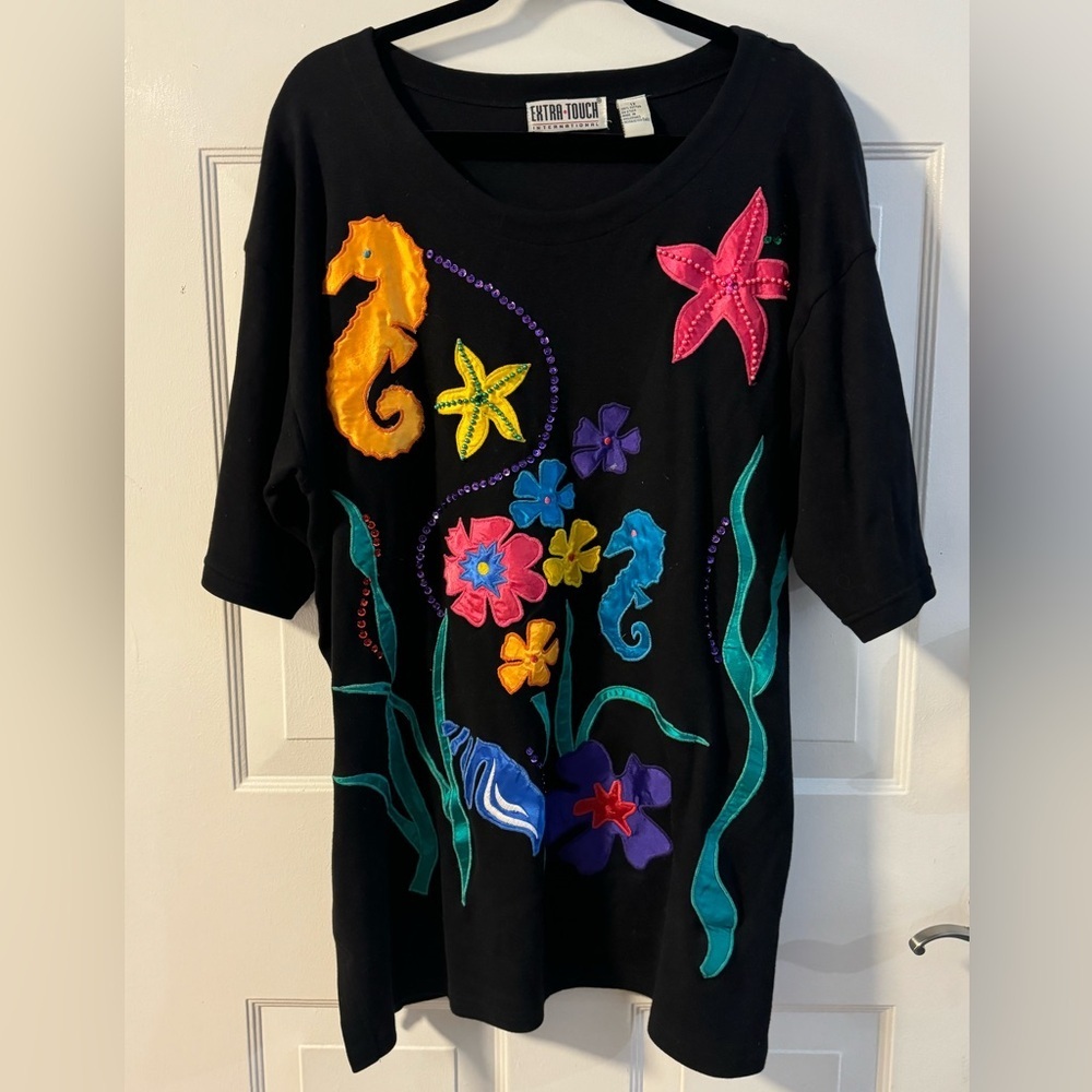Extra Touch Black Tunic with Bright Ocean Embroidery